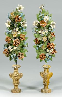 Appraisal: Pair toleware trees multi-colored daisies chrysanthemums lilies and other flowers