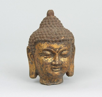 Appraisal: Bronze Buddha Fragment ca th Century Partial gilt Buddha head