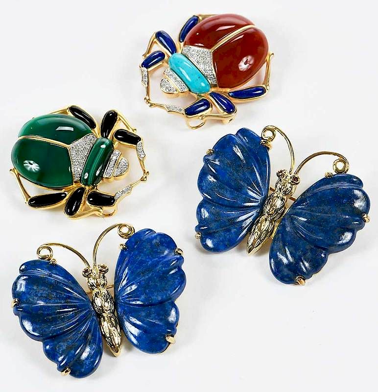 Appraisal: Four Silver Assorted Gemstone Bug Brooches two butterflies two beetles