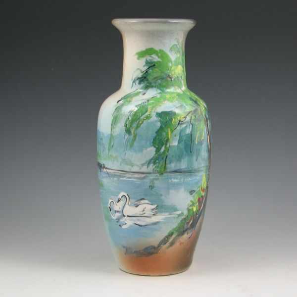 Appraisal: Rick Wisecarver scenic vase with two swans swimming in tree-lined