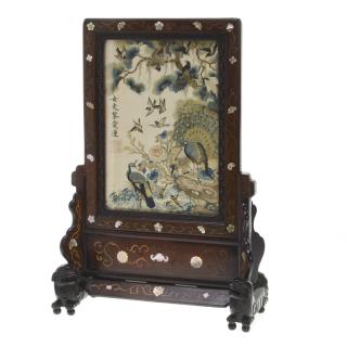 Appraisal: Chinese silk and inlaid hardwood table screen Chinese silk and