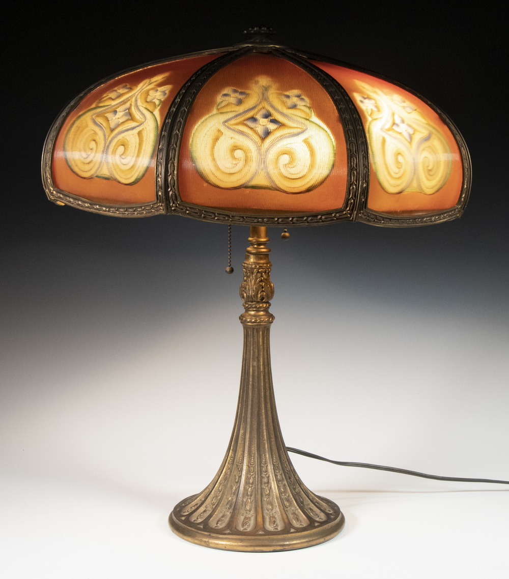 Appraisal: REVERSE PAINTED RIBBED GLASS PANEL TABLE LAMP Circa Arts Crafts