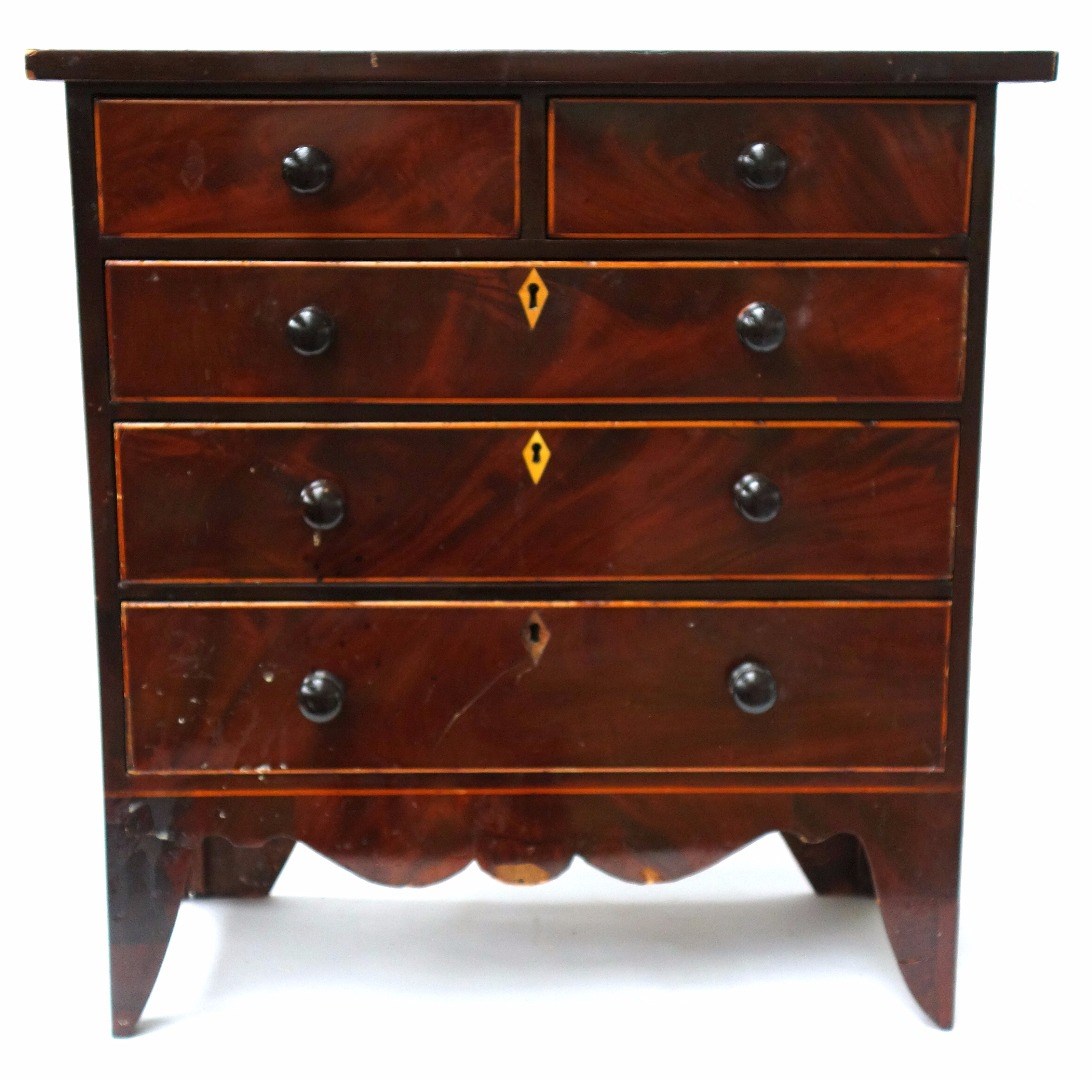 Appraisal: A th century inlaid mahogany miniature chest of two short