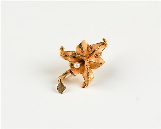 Appraisal: A Gold and Pearl Orchid Brooch the K tested yellow