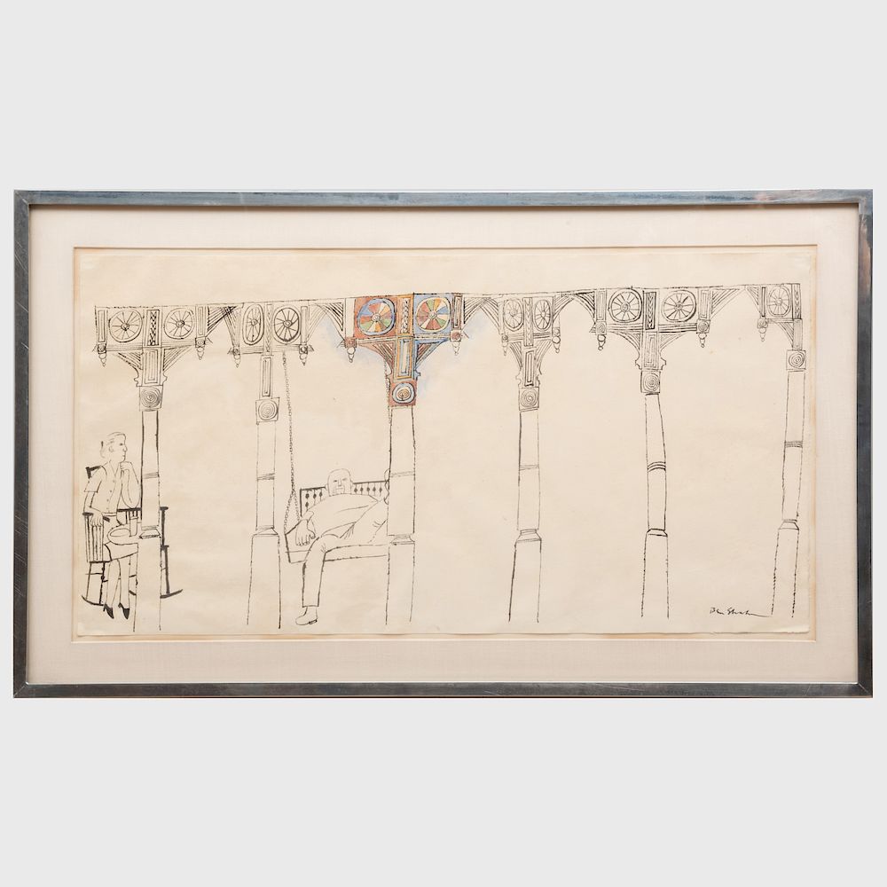 Appraisal: Ben Shahn - Porch with Two Figures Ink and watercolor