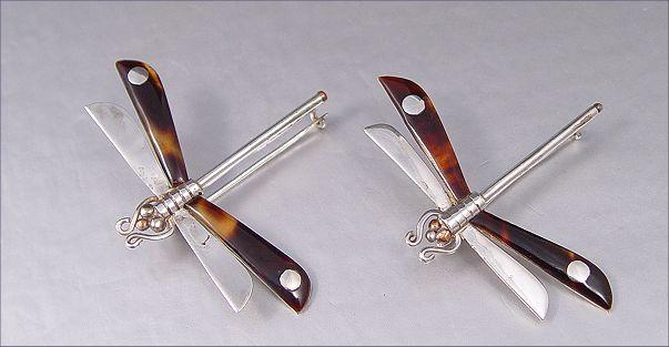 Appraisal: TWO WILLIAM SPRATLING MEXICAN SILVER DRAGONFLY PINS Sterling and tortoise