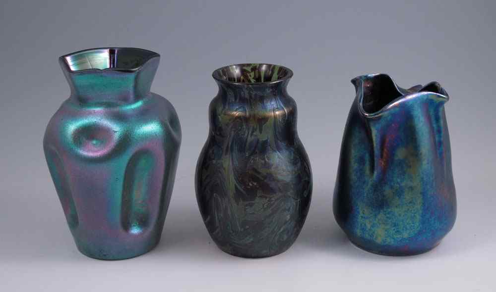 Appraisal: GROUP OF IRIDESCENT ART GLASS VASES Blue iridescent studio art