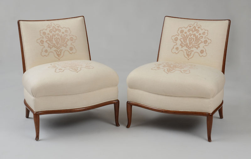 Appraisal: T H ROBSJOHN-GIBBINGS PAIR OF SLIPPER CHAIRS Walnut upholstery x