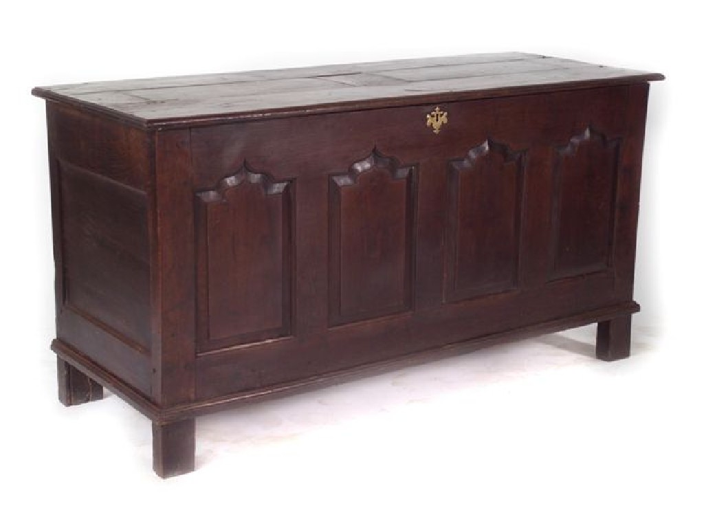 Appraisal: JOINED OAK FOUR-PANEL COFFER th century the moulded rectangular top