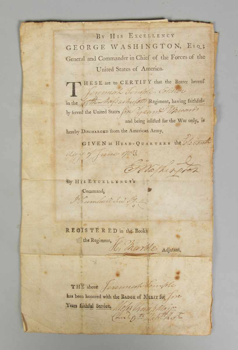 Appraisal: Sgn George Washington Military Discharge Document Dated Jeremiah Temple Soldier