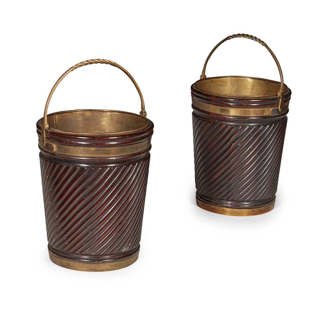 Appraisal: PAIR OF GEORGIAN STYLE MAHOGANY AND BRASS PEAT BUCKETS LATE