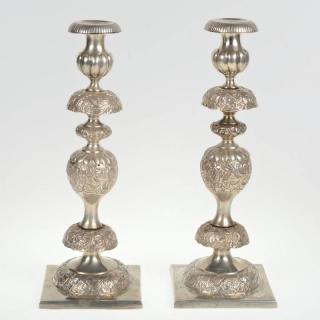 Appraisal: Pair Continental Judaic silver sabbath candlesticks th c probably Polish