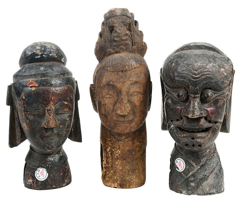 Appraisal: Three Asian Carved Wood Puppet Heads probably Chinese th early