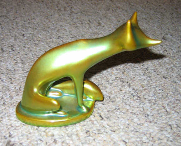 Appraisal: ZSOLNAY HUNGARY Green glazed iridescent fox signed h l Estimate