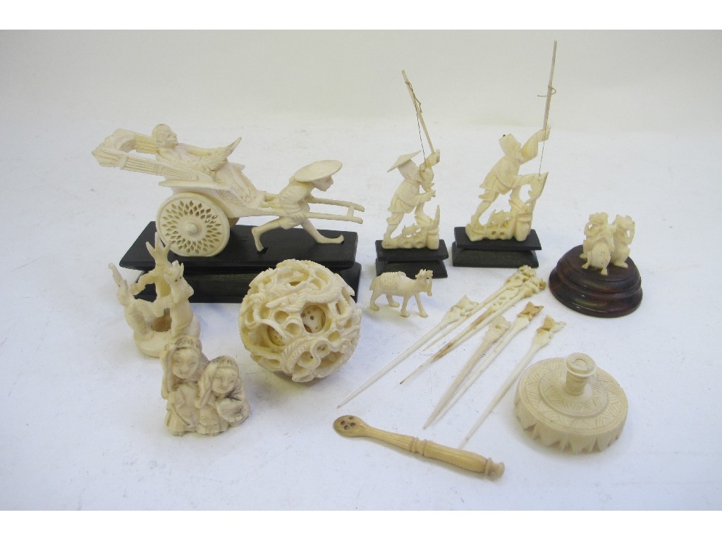 Appraisal: A lot comprising carved bone rickshaw six assorted figures and