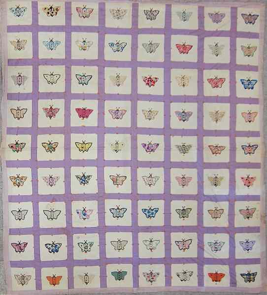 Appraisal: AMERICAN HAND STITCHED COTTON QUILT pieced and appliqued Butterfly pattern