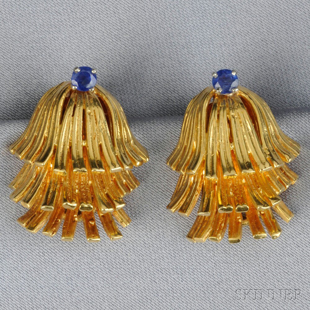 Appraisal: kt Gold and Sapphire Earclips Erwin Pearl each set with