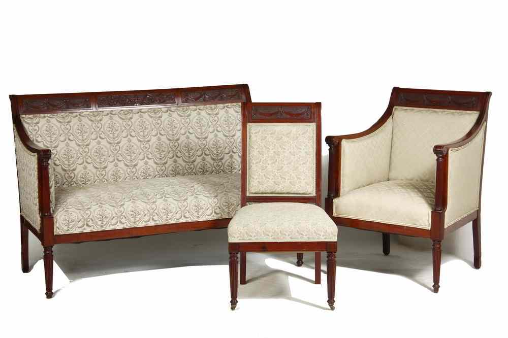 Appraisal: CUSTOM SETTEE CHAIRS - Custom Sheraton style Upholstered Settee Armchair