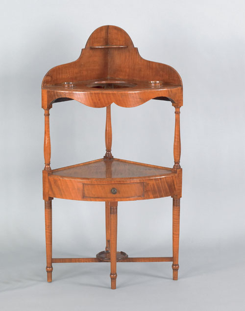 Appraisal: American Sheraton tiger maple basin stand ca with a scalloped