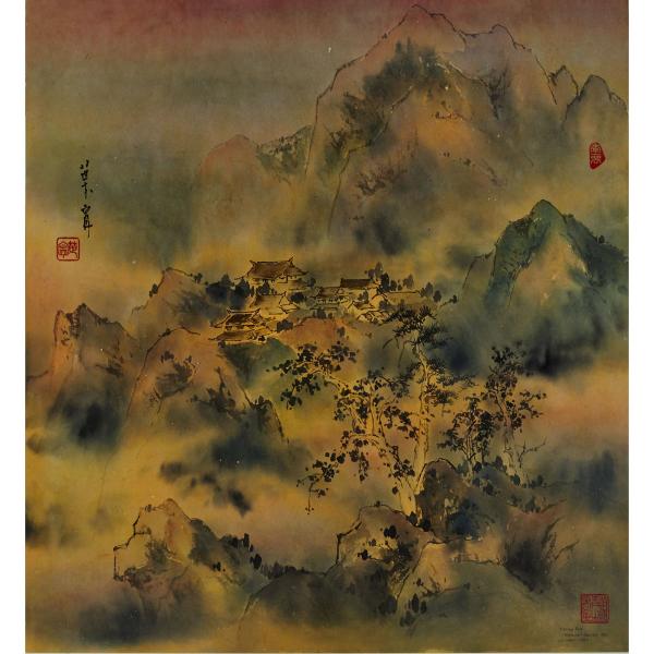 Appraisal: Ning Yeh th Century MOUNTAINOUS LANDSCAPE WITH HOUSES Ink and