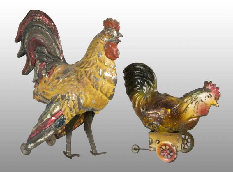 Appraisal: Lot of Tin Hand-Painted Rooster Wind-Up Toys Description German Working