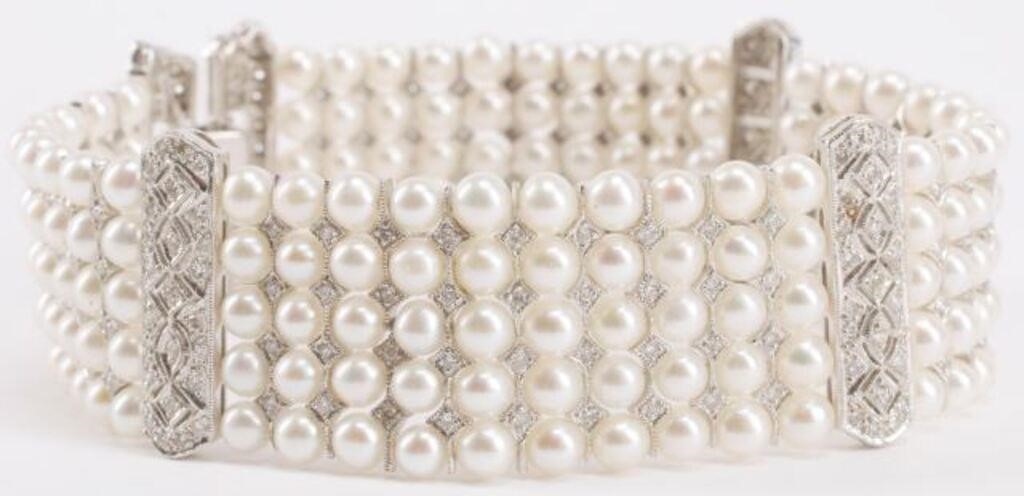 Appraisal: ART DECO STYLE KT GOLD PEARL DIAMOND BRACELETEstate Art Deco