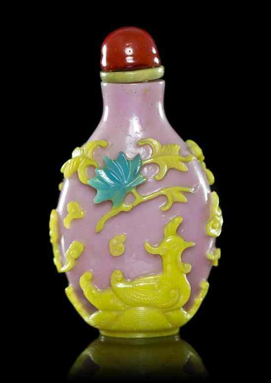 Appraisal: A Four-Color Overlay Glass Snuff Bottle of compressed oval form