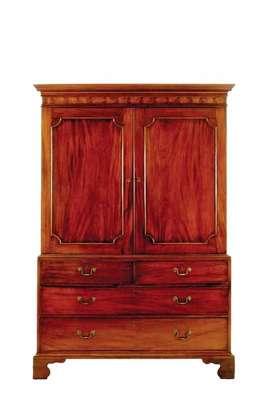 Appraisal: George III mahogany linen press circa top section with dentil-molded