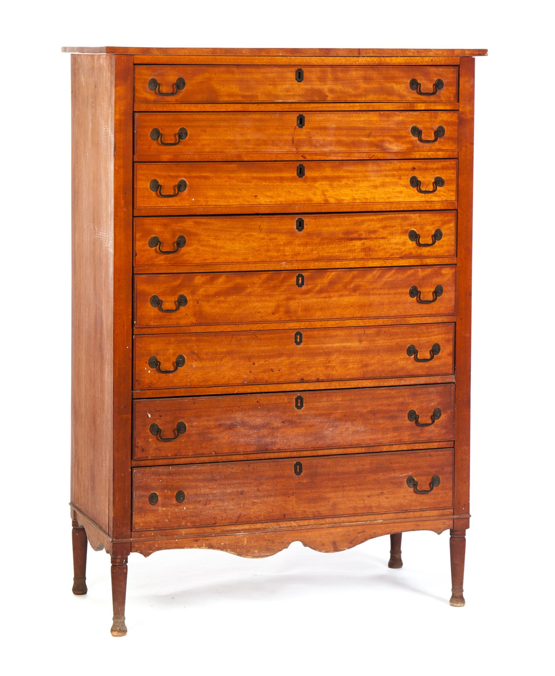 Appraisal: NEW ENGLAND SHERATON TALL CHEST Ca - birch Eight graduated