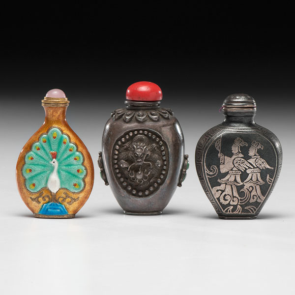 Appraisal: Chinese th century A collection of three metal snuff bottles