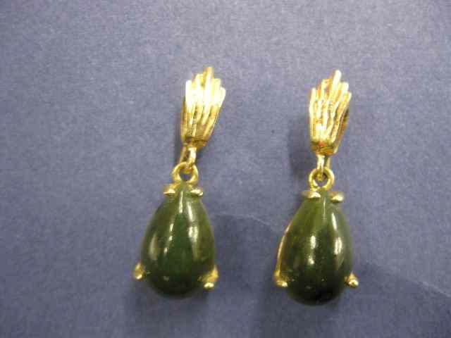 Appraisal: Jade Earrings Teardrop Cabochons deepdark green pierced style dangling style