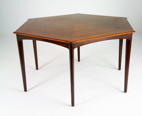 Appraisal: DUNBAR Dining table with parquetry hexagonal top arched apron and