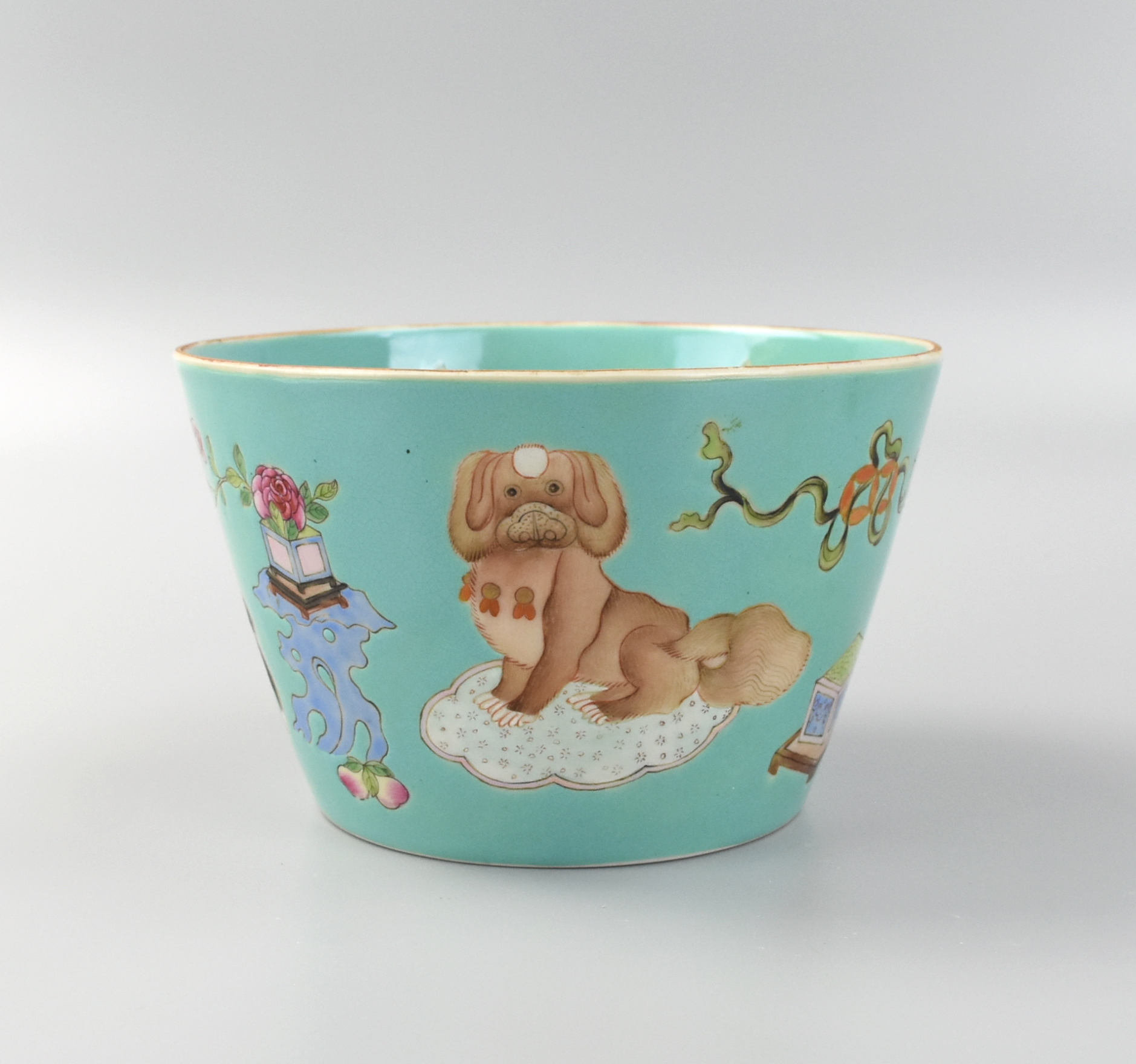 Appraisal: CHINESE TURQOISE GROUND BOWL W DOGS JIAQING MARK A Chinese