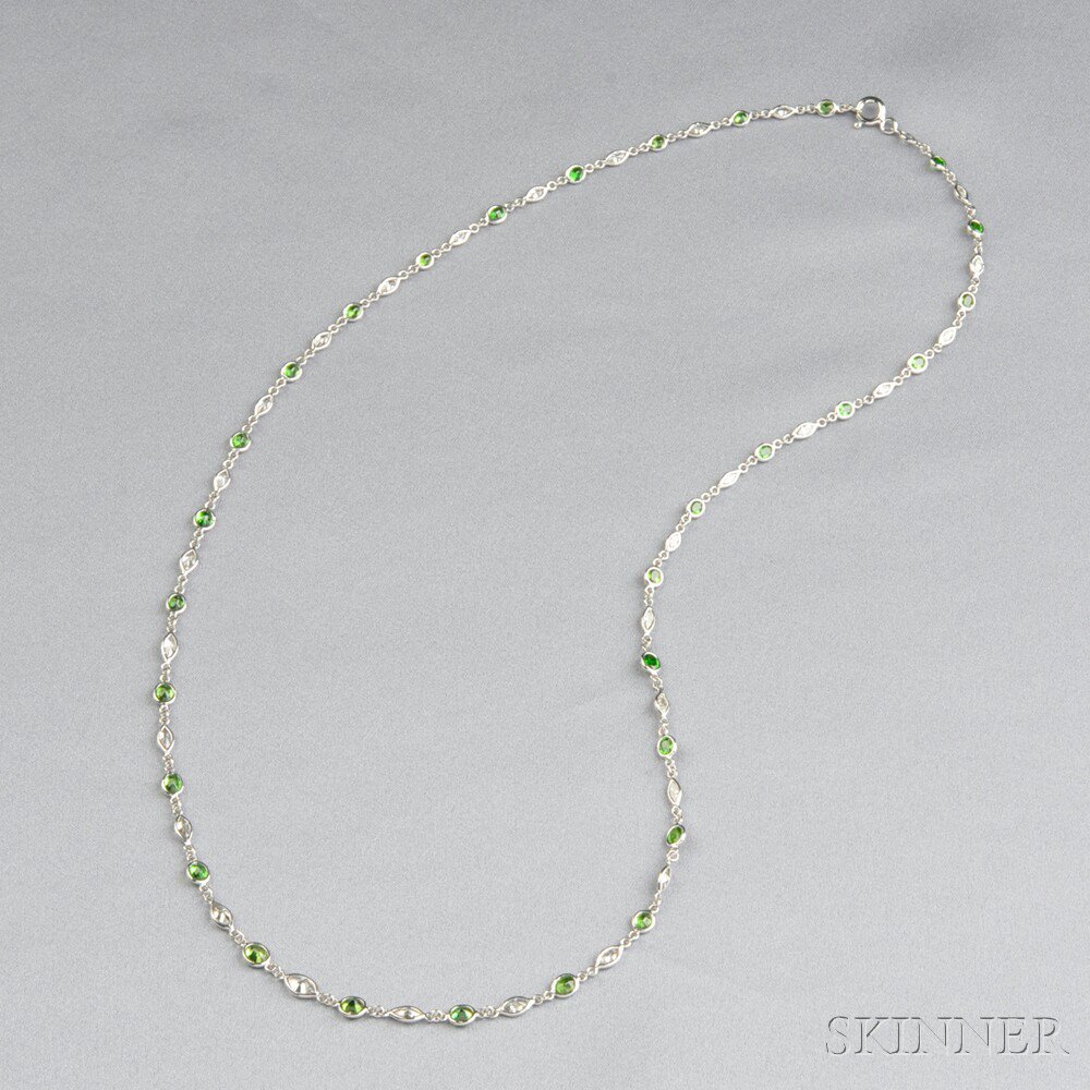 Appraisal: Platinum Demantoid Garnet and Diamond Chain bezel-set with graduating circular-cut