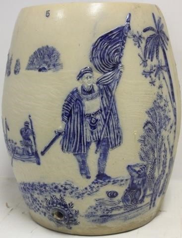 Appraisal: RARE TH C STONEWARE GALLON COOLER DEPICTINGTHE LANDING OF CHRISTOPHER