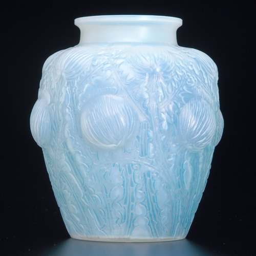 Appraisal: R LALIQUE Vase Domremy cased opalescent with blue patina c