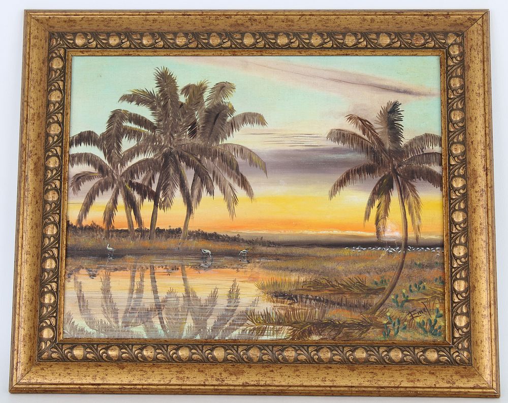 Appraisal: Signed Florida Landscape Painting with Egrets Signed Florida Landscape Painting