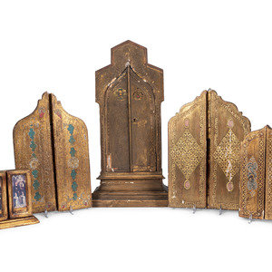 Appraisal: Five Gilt and Painted Wood Triptychs th th Century comprising