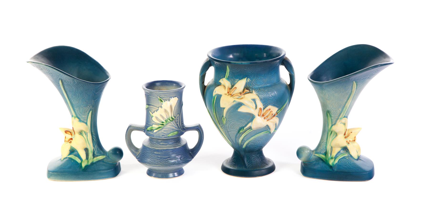 Appraisal: FOUR PIECES OF ROSEVILLE ART POTTERY INCLUDING ZEPHYR LILY AND