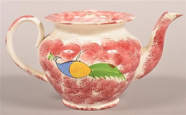 Appraisal: Red Spatter Peafowl Pattern Teapot Red Spatter Peafowl Pattern Teapot