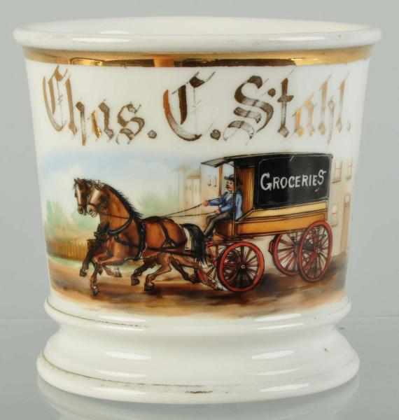 Appraisal: Horse-Drawn Grocery Wagon Shaving Mug Description Gilt name Charles Stahl