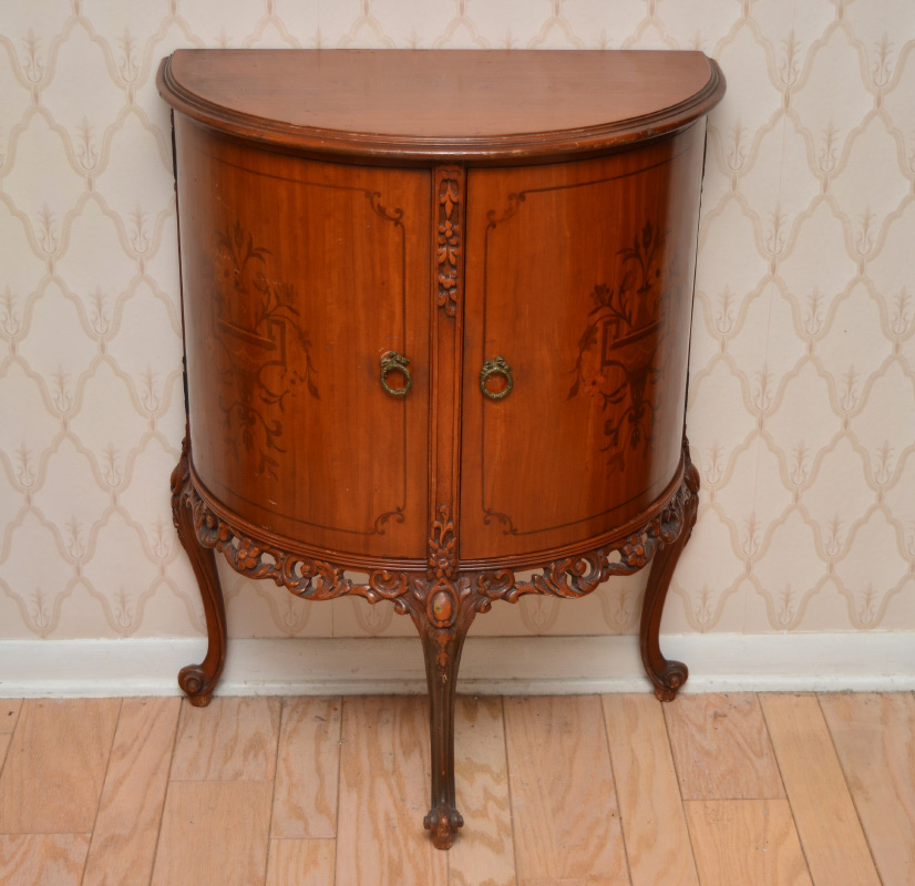 Appraisal: DOOR INLAID DEMI LUNE HALL TABLE Inlaid floral motif doors