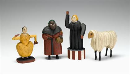 Appraisal: Four carved and painted folk art figures p koosed dated