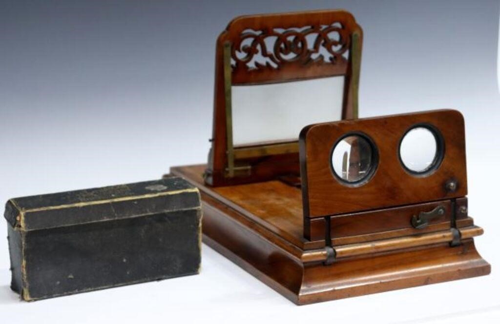 Appraisal: Victorian mahogany stereoscope viewer late th c together with box