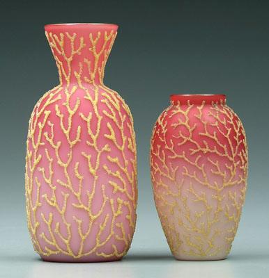 Appraisal: Two coralene satin glass vases shades of red with yellow