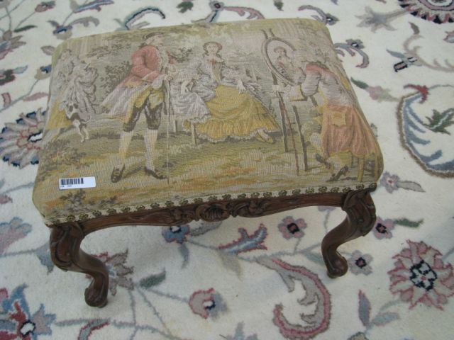 Appraisal: Carved French style footstool with tapestry upholstery with nailhead trim