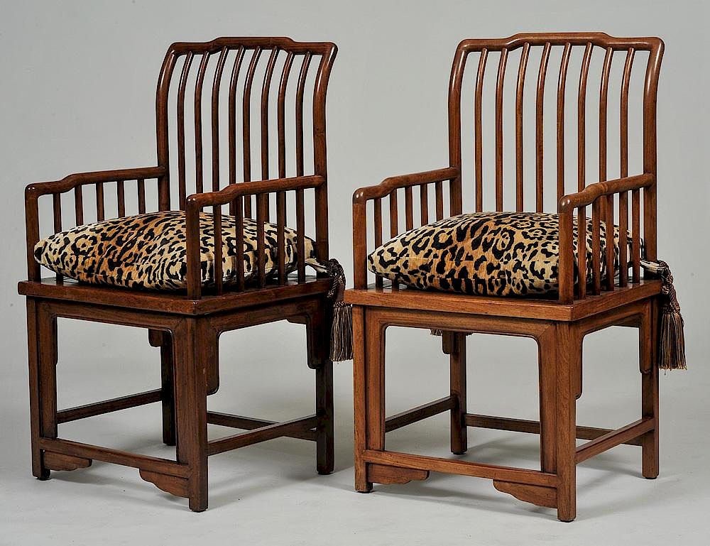 Appraisal: PAIR OF MING STYLE MAHOGANY ARM CHAIRS Each with yoke