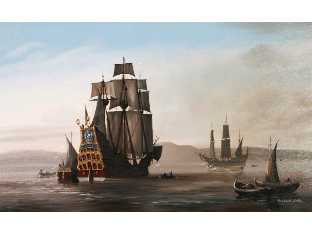 Appraisal: VINCENT SELBYOIL PAINTING ON CANVAS'Dawn on the Plymouth Sound' Galleons