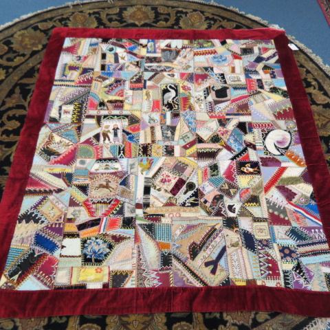 Appraisal: Victorian Handmade Crazy Quilt wonderful embroidered animals figures birds flowers