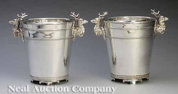 Appraisal: A Pair of English Silverplate Staghead-Mounted Wine Coolers each with